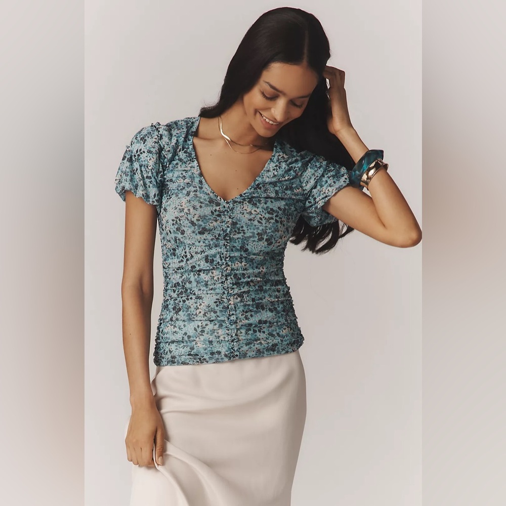 Anthropologie Short-Sleeve Shirred Mesh Top NWT